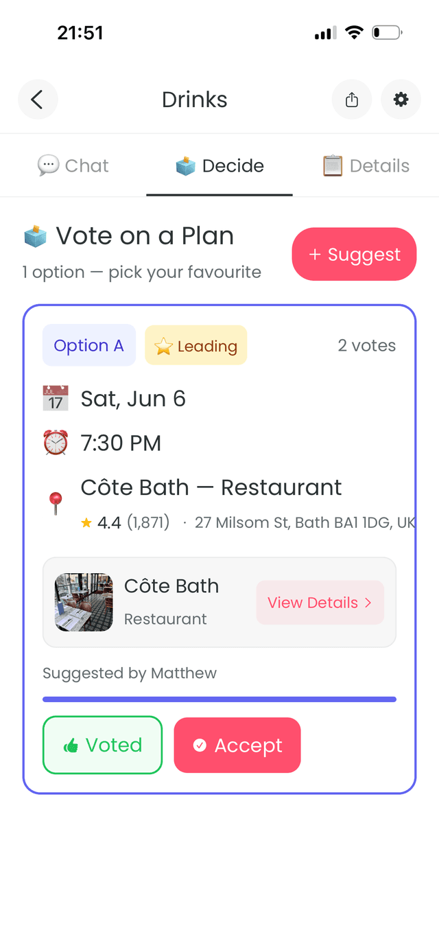 Suggest and vote on plans in mymeets